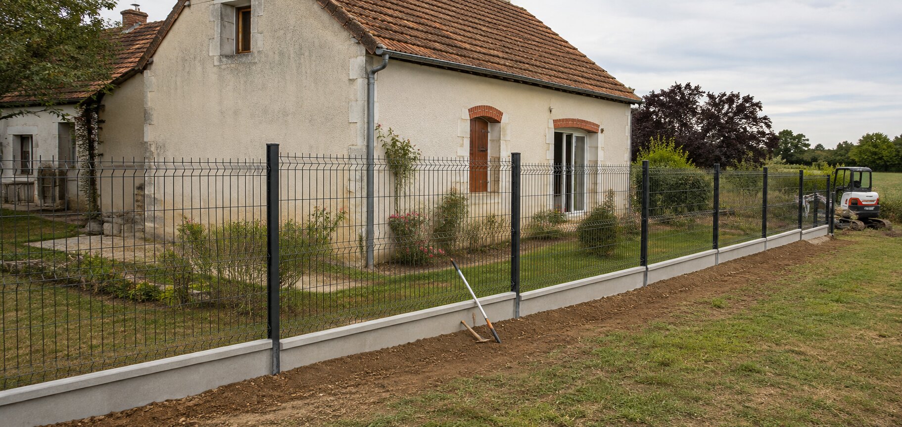 Clôture rigide avec soubassement béton devant une maison