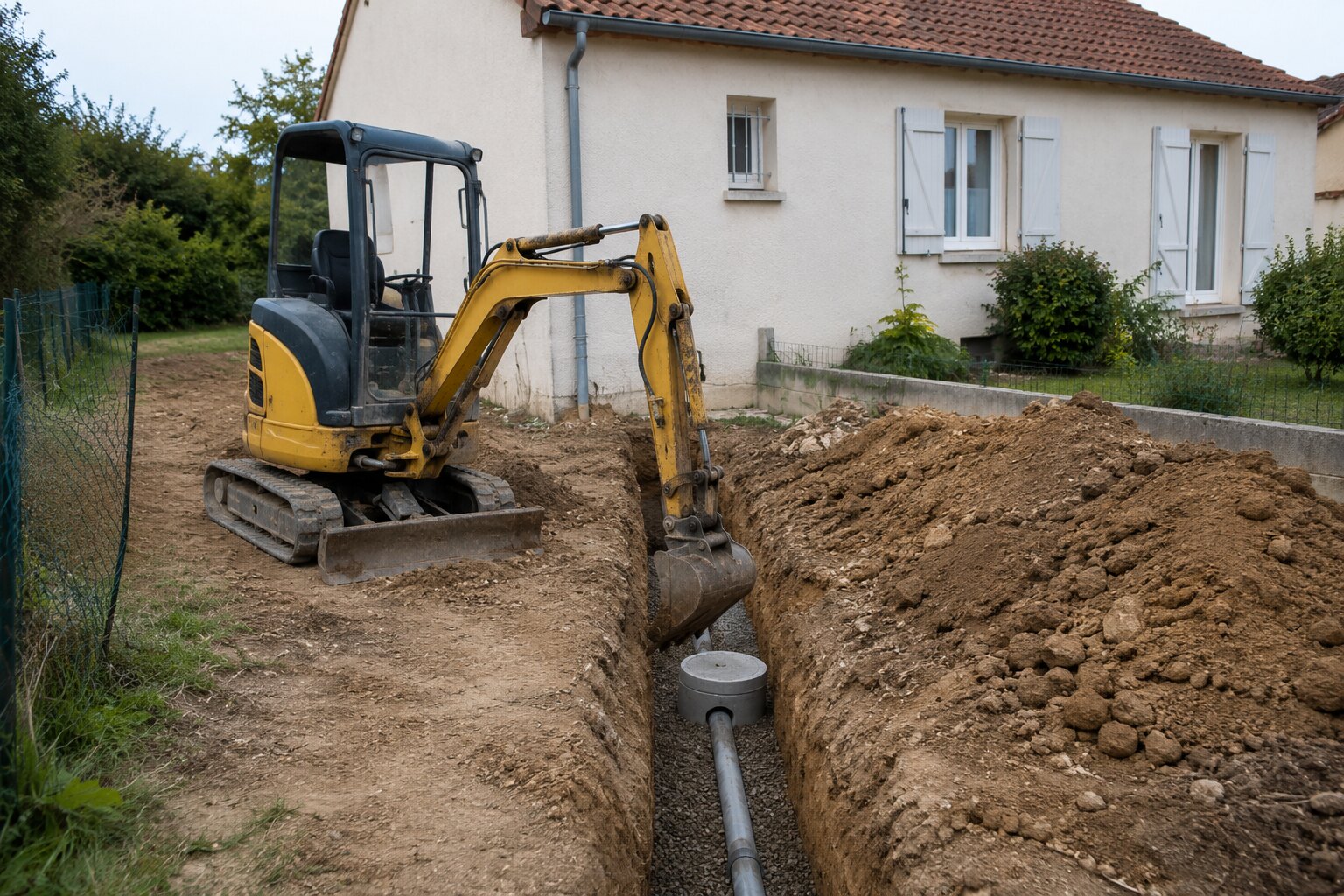 Mini-pelle ouvrant une tranchée d’assainissement près d’une maison